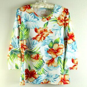 J. McLaughlin Catalina Cloth Signature Tee Tropical Hibiscus Floral Top M